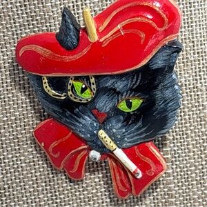 Chic Red and Black Cat Earrings and Brooch Pin Set Painted Wood with Cigarette